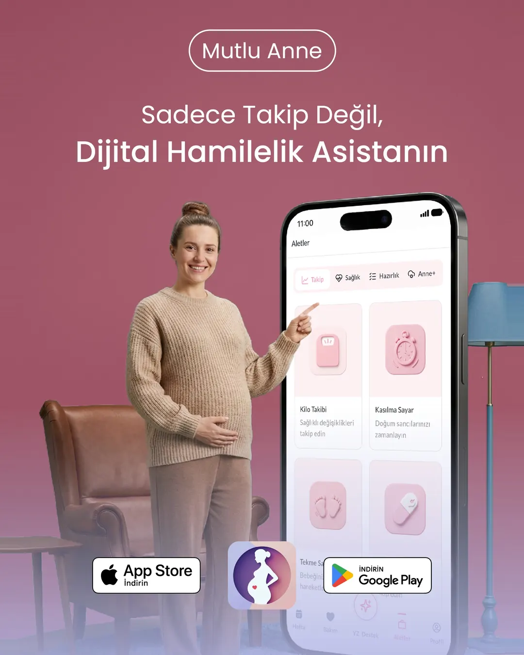 Mutlu Anne — Hamilelik takip uygulaması tanıtım postu